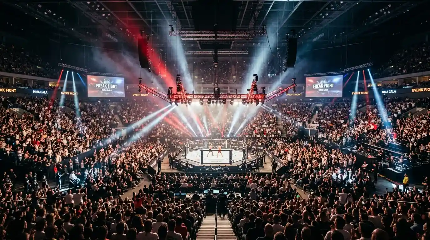 Gala Fame MMA w hali z widownią i ringiem oświetlonym reflektorami