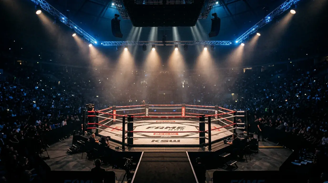 Zakłady bukmacherskie na Fame MMA - ring oktagon z reflektorami przed galą freak fight